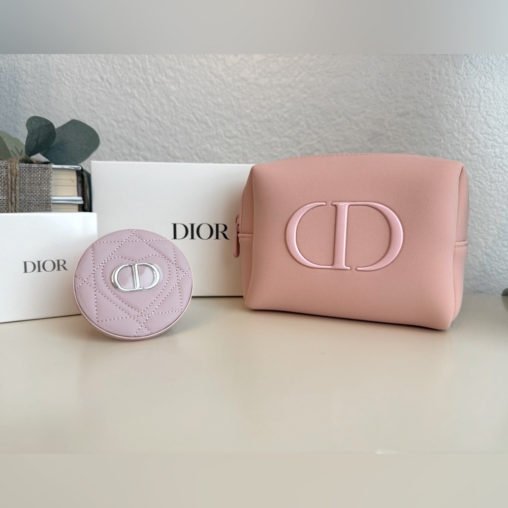 Dior Novelty Item Bundle: Matte Pink Cosmetic pouch w/ compact mirror in cannage